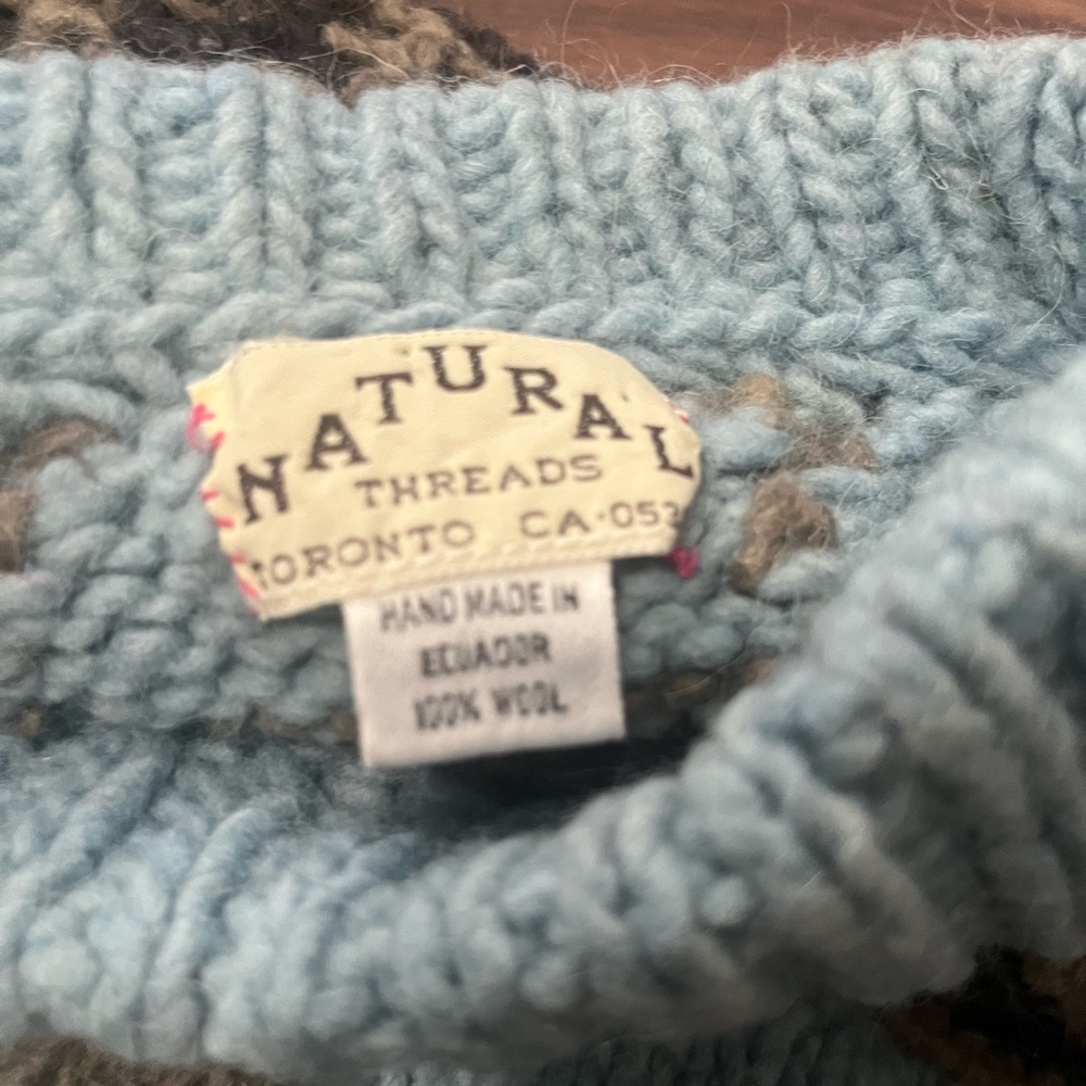 Wool chunky knit sweater geometric design blue and browns ladies M/L boxy fit - Picture 3 of 4